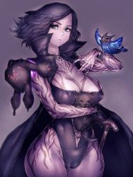 Rule 34 | 1girl, bird, black hair, breasts, cane, cat, cleavage, commentary, covered erect nipples, devil may cry (series), devil may cry 5, fumio (rsqkr), genderswap, genderswap (mtf), highres, jewelry, large breasts, looking at viewer, necklace, pale skin, purple theme, short hair, solo, tattoo, v (devil may cry), wide sleeves