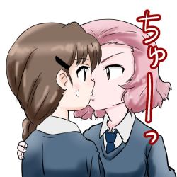 Rule 34 | blue necktie, blush, brown hair, commentary, commentary request, girls und panzer, hair ornament, hairpin, hand on another&#039;s shoulder, kiss, kiss day, long hair, necktie, neepon (chihatan9), pink hair, rosehip (girls und panzer), rukuriri (girls und panzer), school uniform, short hair, st. gloriana&#039;s school uniform, sweat, translation request, yuri