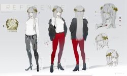 Rule 34 | 1girl, android, belt, black belt, black jacket, breasts, character sheet, color guide, commentary, denim, english commentary, english text, grey background, grey hair, highres, indie virtual youtuber, jacket, jeans, long hair, long sleeves, mechanical legs, multiple views, no pants, off shoulder, palette (object), pants, red pants, ribbed sweater, science fiction, small breasts, standing, sweater, the cecile, the cecile (vtuber), thought bubble, very long hair, virtual youtuber