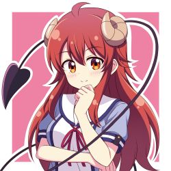 Rule 34 | 1girl, ahoge, bad id, bad twitter id, blue serafuku, blue shirt, blush, border, breasts, brown eyes, brown hair, clenched hands, closed mouth, commentary, curled horns, demon girl, demon horns, demon tail, hand up, highres, horns, large breasts, long hair, looking at viewer, machikado mazoku, neck ribbon, outline, outside border, pink background, puffy short sleeves, puffy sleeves, red ribbon, ribbon, sailor collar, school uniform, serafuku, shirt, short sleeves, simple background, smile, solo, split mouth, tail, upper body, very long hair, white border, white outline, white sailor collar, yoshida yuuko (machikado mazoku), zeta (24904340)