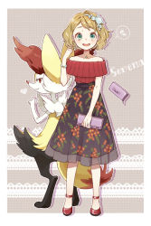 Rule 34 | 1girl, alternate costume, animal ear fluff, animal nose, bag, blush, braixen, character name, collarbone, commentary request, creatures (company), game freak, gen 6 pokemon, green eyes, hair ornament, hand up, handbag, heart, holding, holding bag, jewelry, light brown hair, looking at viewer, necklace, nintendo, open mouth, pokemon, pokemon (anime), pokemon (creature), pokemon xy (anime), red footwear, sasairebun, see-through, serena (pokemon), short hair, skirt, smile, snout, spoken sweatdrop, sweatdrop, tongue