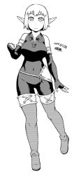 Rule 34 | 1girl, 2015, armlet, bare shoulders, breasts, covered navel, dated, elbow gloves, evangelyne (wakfu), fingerless gloves, freckles, gloves, greyscale, hip focus, looking at viewer, monochrome, pointy ears, short hair, simple background, smile, solo, thighhighs, tsukudani (coke-buta), wakfu, white background