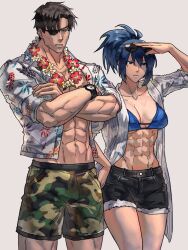 Rule 34 | 1boy, 1girl, abs, alternate costume, black hair, blue bra, blue eyes, blue hair, bra, breasts, camouflage, clock, crossed arms, eyepatch, eyewear on head, father and daughter, floral print, flower, flower necklace, hawaiian shirt, heidern, highres, jewelry, leona heidern, mature male, midriff, muscular, muscular female, muscular male, navel, necklace, open clothes, open shirt, ponytail, print shirt, shirt, short hair, shorts, sunglasses, syachiiro, the king of fighters, underwear