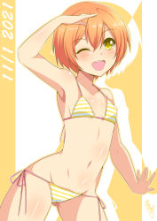 Rule 34 | 1girl, absurdres, armpits, bangs, bikini, birthday, blush, breasts, bunji, collarbone, commentary request, dated, highres, hoshizora rin, looking at viewer, love live!, love live! school idol project, one eye closed, orange hair, salute, shiny, shiny hair, shiny skin, signature, small breasts, solo, striped, striped bikini, swimsuit, yellow eyes