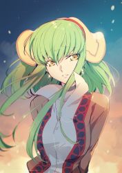Rule 34 | 1girl, brown jacket, c.c., choker, code geass, collarbone, cosplay request, creayus, dress shirt, earrings, floating hair, green hair, jacket, jewelry, long hair, long sleeves, looking at viewer, open clothes, open jacket, outdoors, parted lips, shirt, solo, upper body, white shirt, yellow eyes