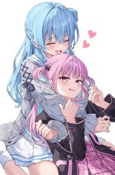 Rule 34 | 2girls, ahoge, arms around neck, black bow, blazer, blue hair, blush, bow, cardigan, closed eyes, colored inner hair, commentary request, grey cardigan, hair between eyes, hair bow, hair bun, heart, highres, hololive, hoshimachi suisei, hoshimachi suisei (school uniform), jacket, long hair, long sleeves, minato aqua, minato aqua (school uniform), multicolored hair, multiple girls, muyamii, official alternate costume, open clothes, open jacket, open mouth, pink eyes, pink hair, pink skirt, plaid, plaid skirt, pleated skirt, sailor collar, school uniform, serafuku, shirt, simple background, single side bun, sitting, skirt, smile, socks, streaked hair, sweatdrop, two side up, virtual youtuber, wariza, white background, white sailor collar, white shirt, white skirt, white socks