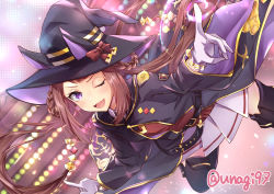 Rule 34 | absurdres, blush, boots, brown hair, commentary request, gloves, hair rings, hat, highres, horse girl, long hair, one eye closed, open mouth, purple eyes, sodemaru unagi, sweep tosho (umamusume), thigh boots, twintails, umamusume, witch hat