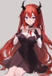 Rule 34 | 1girl, alternate costume, arknights, bare shoulders, black choker, black dress, breasts, choker, cleavage, closed mouth, collarbone, dress, grey background, hands on own chest, highres, horns, kokao358, large breasts, long hair, looking at viewer, photoshop (medium), purple eyes, red hair, simple background, sitting, solo, strapless, strapless dress, surtr (arknights), very long hair