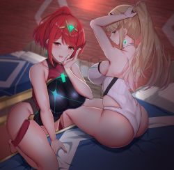 Rule 34 | 2girls, adjusting hair, alternate hairstyle, ass, bed, black one-piece swimsuit, blonde hair, breasts, chest jewel, collarbone, competition swimsuit, gem, headpiece, highres, impossible clothes, impossible swimsuit, large breasts, multiple girls, mythra (radiant beach) (xenoblade), mythra (xenoblade), nintendo, noeomi, on bed, one-piece swimsuit, ponytail, pyra (pro swimmer) (xenoblade), pyra (xenoblade), red eyes, red hair, sideboob, sitting, strapless, strapless one-piece swimsuit, swimsuit, thick thighs, thighs, tiara, white one-piece swimsuit, xenoblade chronicles (series), xenoblade chronicles 2, yellow eyes