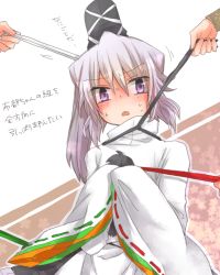 Rule 34 | 1girl, 3others, azuki (lizzy), blue eyes, blush, female focus, hat, japanese clothes, mononobe no futo, multiple others, solo, standing, sweat, touhou, white hair