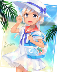 Rule 34 | 1girl, ahoge, alternate costume, alternate hairstyle, arm up, bag, beach, blue eyes, blue sky, blush, bow, cloud, coconut, commentary request, day, dolphin, dress, hair between eyes, hat, heart, highres, kantai collection, kawagami raito, leaf, long hair, looking at viewer, low twintails, one-piece tan, open mouth, outdoors, palm tree, ribbon, ro-500 (kancolle), sand, shoulder bag, sky, smile, solo, tan, tanline, tree, twintails, white dress, white hair, white hat