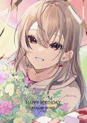 Rule 34 | 1girl, ahoge, balloon, berry, bouquet, box, brown eyes, brown hair, brown hoodie, crossed bangs, earrings, flower, food-themed earrings, gift, gift box, grin, happy birthday, highres, hololive, hololive english, hood, hoodie, jewelry, long hair, looking at viewer, mirai99, multicolored hair, nanashi mumei, nanashi mumei (casual), necklace, official alternate costume, oversized clothes, red shirt, shirt, smile, streaked hair, virtual youtuber