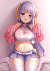 Rule 34 | 1girl, :d, azur lane, bare shoulders, bed sheet, belt, black choker, blue skirt, blunt bangs, blush, breasts, character name, cheerleader, choker, clothes writing, commentary request, crop top, cygnet (azur lane), cygnet (royal fanfare) (azur lane), gradient background, grey background, hair ribbon, head tilt, heart, holding, large breasts, long hair, looking at viewer, manda (manda9n), midriff, miniskirt, navel, no shoes, open mouth, pleated skirt, pom pom (cheerleading), red eyes, ribbon, round teeth, shirt, silver hair, sitting, skirt, sleeveless, sleeveless shirt, smile, solo, stomach, straight hair, teeth, thighhighs, two side up, upper teeth only, very long hair, wariza, whistle, whistle around neck, white thighhighs, yellow ribbon, zettai ryouiki