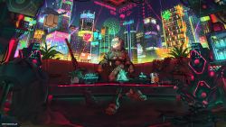 Rule 34 | 1girl, box, breasts, building, couch, cyberpunk, drone, feet, futuristic, glass, glasses, highres, hood, ice, indie virtual youtuber, jacket, large breasts, looking to the side, macom m, neon lights, on couch, plant, robot, saruei (vtuber), scenery, sign, slippers, virtual youtuber, weapon