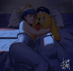 Rule 34 | 1girl, astral chain, bed, bed sheet, blue hair, breasts, brenda moreno, commentary request, closed eyes, haleileileilei, hat, highres, hug, lappy, large breasts, mascot costume, naked sheet, night, nightcap, hugging object, pillow, pillow hug, short hair, sideboob, sleeping, solo