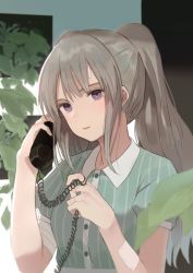 Rule 34 | 1girl, bandaged arm, bandages, bandaid, bandaid on face, buttons, cable, casual, collared shirt, corded phone, green shirt, grey hair, hands up, head tilt, highres, holding, holding phone, idolmaster, idolmaster shiny colors, leaf, long hair, looking at viewer, mxwbr, parted lips, phone, plant, purple eyes, shirt, short sleeves, sidelocks, solo, striped clothes, striped shirt, talking on phone, twintails, upper body, yukoku kiriko