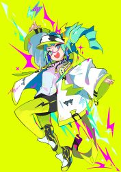 Rule 34 | 1girl, absurdres, aqua eyes, aqua hair, arm up, earrings, english text, glasses, green background, green thighhighs, hat, highres, jacket, jewelry, kurumitsu, lightning bolt earrings, lightning bolt symbol, open mouth, original, pointing, purple-framed eyewear, simple background, sleeves past wrists, smile, solo, sparkle, teeth, thighhighs, upper teeth only, white jacket