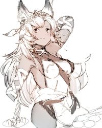 Rule 34 | 10s, 1girl, animal ears, arm behind head, breasts, cat ears, covered erect nipples, dress, erune, feather hair ornament, feathers, flower, granblue fantasy, feather hair ornament, hair flower, hair ornament, katsudansou, long hair, medium breasts, nemone, sideboob, simple background, sketch, smile, solo, white background