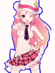 Rule 34 | blush, breasts, brown eyes, hat, lucia, necktie, pangya, pink hair, pointing, pointy ears, smile, wink, yummy yoi