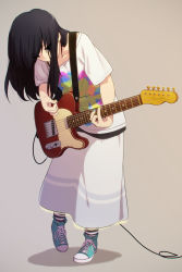 Rule 34 | 1girl, black eyes, black hair, cable, collarbone, converse, electric guitar, fender telecaster, full body, guitar, highres, instrument, long hair, nail polish, original, plectrum, shadow, shirt, shoes, siero, simple background, skirt, sneakers, socks, solo, striped clothes, striped socks, t-shirt