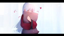 Rule 34 | 1girl, closed eyes, happy, heart, highres, japanese clothes, kimono, letterboxed, long hair, musical note, hugging object, original, pillow, pillow hug, red kimono, shimmer, smile, solo, upper body, white background, white hair, wide sleeves