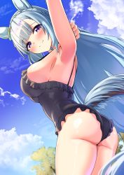 Rule 34 | 1girl, alternate costume, animal ears, arms up, black one-piece swimsuit, blue hair, braid, breasts, casual one-piece swimsuit, closed mouth, cloud, cowboy shot, crown braid, frilled one-piece swimsuit, frilled swimsuit, frills, gluteal fold, herohero (higashi no dou), highres, horse ears, horse girl, horse tail, large breasts, long hair, looking at viewer, looking to the side, mejiro ardan (umamusume), one-piece swimsuit, outdoors, purple eyes, smile, solo, split mouth, swimsuit, tail, umamusume