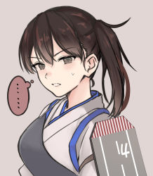 Rule 34 | ..., 1girl, absurdres, brown eyes, brown hair, commentary request, flight deck, grey background, highres, japanese clothes, kaga (kancolle), kantai collection, long hair, muneate, side ponytail, simple background, solo, tai (nazutai), tasuki, thought bubble