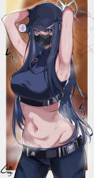 Rule 34 | 1girl, absurdres, armpits, arms up, bare shoulders, baseball cap, belt, black belt, black gloves, black hair, black hat, black mask, black pants, black shirt, blue archive, blue eyes, blush, border, breasts, buckle, chest harness, commentary request, cowboy shot, crop top, doodle sensei (blue archive), duplicate, gloves, groin, halo, harness, hat, heart, heart-shaped pupils, highres, long hair, looking at viewer, mask, medium breasts, midriff, mouth mask, navel, pants, partial commentary, presenting armpit, saori (blue archive), sensei (blue archive), shirt, signature, sleeveless, sleeveless shirt, smell, snap-fit buckle, solo, spoken heart, standing, steaming body, sweat, symbol-shaped pupils, unagi (14305726), underbust, white border