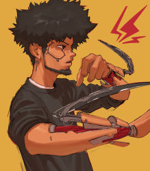 Rule 34 | 1boy, absurdres, afro, arm blade, beard, black shirt, commentary, cyberpunk, cyberpunk (series), cyberpunk 2077, cyborg, edpan, english commentary, facial hair, from side, highres, joints, lightning bolt symbol, looking ahead, male focus, mantis blades (cyberpunk), mechanical arms, parted lips, subdermal port, red eyes, robot joints, science fiction, shirt, solo, t-shirt, weapon, wrist blades, yellow background