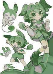 Rule 34 | 1girl, :3, absurdres, alternate costume, alternate eye color, arm up, arms up, bandaid, bandaid on leg, blush stickers, boots, brooch, buttons, closed eyes, closed mouth, commentary request, creature and personification, floating, frilled skirt, frills, green eyes, green footwear, green hair, highres, jewelry, limited palette, long hair, long sleeves, looking at viewer, multiple views, open mouth, pink ribbon, pointing, ribbon, shirt, shorts, skirt, socks, suspender shorts, suspender skirt, suspenders, suspenders slip, tkgskbr, very long hair, voiceroid, voicevox, white shirt, zundamon