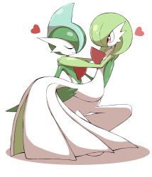 Rule 34 | absurdres, carrying, closed mouth, commentary, creatures (company), closed eyes, gallade, game freak, gardevoir, gen 3 pokemon, gen 4 pokemon, heart, highres, nintendo, pokemon, pokemon (creature), princess carry, red eyes, shabana may, simple background, smile, white background