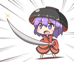 Rule 34 | 1girl, blush, bowl, bowl hat, emphasis lines, feiton, fighting stance, foreshortening, glint, hat, japanese clothes, kimono, long sleeves, needle, open mouth, purple eyes, purple hair, solo, sukuna shinmyoumaru, sunrise stance, touhou, wide sleeves