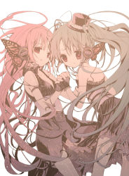 Rule 34 | 2girls, bad id, bad pixiv id, bug, butterfly, butterfly hair ornament, cowboy shot, fingerless gloves, gloves, hair ornament, hat, hatsune miku, headset, holding hands, insect, long hair, looking back, magnet (vocaloid), megurine luka, michikake16, multiple girls, simple background, top hat, twintails, very long hair, vocaloid, yuri