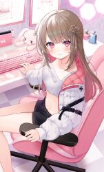 Rule 34 | 1girl, ayaginu temari, black shorts, breasts, brown hair, chair, closed mouth, colored inner hair, computer, crop top, flower knot, from above, gaming chair, gomamiso (gomamiso sp), hair ribbon, highres, isekai tensei shite v ni narimashita, jacket, long hair, long sleeves, looking at viewer, medium breasts, midriff, mole, mole under eye, multicolored hair, open clothes, open jacket, pink theme, red eyes, ribbed shirt, ribbon, second-party source, shirt, short shorts, shorts, sitting, sleeveless, sleeveless shirt, smile, solo, spaghetti strap, stomach, swivel chair, taut clothes, taut shirt, thighs, underboob, virtual youtuber, white jacket, white shirt