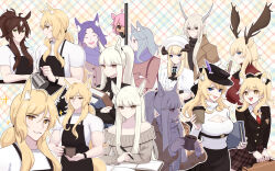 Rule 34 | 1boy, 6+girls, :d, absurdres, alternate costume, animal ears, arknights, ascot, bare shoulders, beret, black ascot, black jacket, blemishine (arknights), blonde hair, blue eyes, blue hair, blue scarf, book, breasts, brooch, brown eyes, brown hair, brown skirt, cleavage, cleavage cutout, closed eyes, clothing cutout, commentary request, gravel (arknights), grey sweater, hat, highres, holding, holding book, horns, jacket, jewelry, large breasts, long hair, long sleeves, looking at another, looking at viewer, medium breasts, medium hair, meteor (arknights), monique (arknights), multiple girls, multiple views, nearl (arknights), necktie, nightingale (arknights), off-shoulder sweater, off shoulder, open mouth, pink hair, plaid, plaid skirt, platinum (arknights), ponytail, redrawn, roy (arknights), scarf, shining (arknights), shirt, skirt, smile, supershrimpcakes, sweater, turtleneck, very long hair, viviana (arknights), whislash (arknights), white hair, white headwear, white shirt, yellow eyes