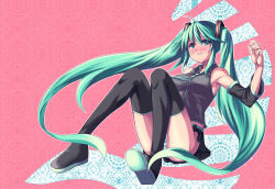 Rule 34 | 1girl, boots, detached sleeves, green eyes, green hair, hatsune miku, long hair, matching hair/eyes, panties, pantyshot, saiste, sitting, skirt, solo, spring onion, striped clothes, striped panties, thigh boots, thighhighs, twintails, underwear, upskirt, very long hair, vocaloid