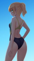 Rule 34 | 1girl, alternate hairstyle, ass, back, blonde hair, breasts, competition swimsuit, flat ass, from behind, green eyes, hand on own hip, isaki (gomi), looking back, mizuhashi parsee, one-piece swimsuit, pointy ears, ponytail, profile, short hair, small breasts, solo, swimsuit, touhou