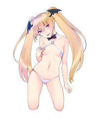 Rule 34 | 1girl, bad id, bad pixiv id, bandaid, bandaids on nipples, blonde hair, bow, bowtie, character request, cropped legs, head tilt, head wings, highres, long hair, navel, o-ring, o-ring bottom, o-ring top, pasties, phantasy star, phantasy star online 2, pointy ears, purple eyes, simple background, solo, twintails, very long hair, white background, wings, yuzuriha (active homing)
