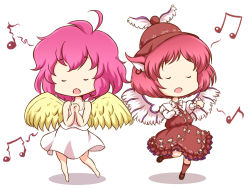 Rule 34 | 2girls, :o, ahoge, bad singing, bird wings, camisole, chibi, closed eyes, crossover, dress, earrings, hand on own chest, hands on own chest, harpy (puyopuyo), hat, jewelry, kneehighs, leg up, look-alike, madou monogatari, mazume, multiple girls, music, musical note, mystia lorelei, open mouth, outstretched arm, own hands together, pink hair, puyopuyo, shadow, short hair, simple background, singing, single earring, skirt, socks, touhou, trait connection, white background, wings