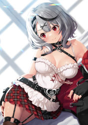 Rule 34 | 1girl, absurdres, bare shoulders, black gloves, black hair, blush, breasts, camisole, cleavage, fingerless gloves, gloves, highres, hololive, kazuma muramasa, large breasts, multicolored hair, sakamata chloe, short hair, silver hair, solo, streaked hair, thighs, virtual youtuber, white camisole