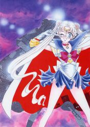 1girl ;d absurdres artbook bishoujo_senshi_sailor_moon blue_sailor_collar cape choker collarbone crescent crescent_choker crescent_earrings cropped_legs drop_shadow earrings gloves highres incredibly_absurdres jewelry mask non-web_source official_alternate_design official_alternate_hair_color official_art one_eye_closed open_mouth pale_skin red_choker retro_artstyle sailor_collar sailor_moon scan skirt smile solo tsukino_usagi v white_cape white_gloves white_hair white_mask