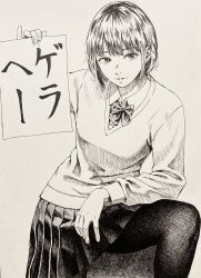 Rule 34 | 1girl, absurdres, black pantyhose, bob cut, bow, bowtie, cardigan, check translation, crosshatching, dress shirt, elbow rest, greyscale, hatching (texture), highres, holding, holding paper, ink (medium), leg up, looking at viewer, makki (tobaccos), medium hair, monochrome, original, pantyhose, paper, parted lips, pleated skirt, school uniform, shirt, skirt, solo, traditional media, translation request