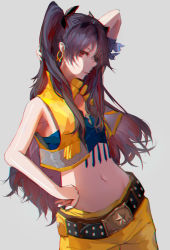 Rule 34 | 1girl, arm behind head, arm strap, arm up, armpits, bare shoulders, belt, black bow, black hair, bow, closed mouth, collared shirt, cowboy shot, crop top, earrings, fate/grand order, fate (series), hair bow, hand on own hip, highres, ishtar (fate), jewelry, long hair, looking at viewer, looking to the side, navel, open clothes, open shirt, red eyes, shirt, shorts, sideways glance, simple background, sleeveless, solo, space ishtar (fate), space ishtar (second ascension) (fate), standing, two side up, yellow shirt, yellow shorts, yusuli-