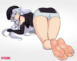Rule 34 | 1girl, all fours, altina orion, ass, barefoot, black gloves, eiyuu densetsu, elbow gloves, eyebrows, eyelashes, eyes visible through hair, falcom, feet, foot focus, from behind, gloves, green eyes, grey hair, hair between eyes, hat, long hair, looking at viewer, looking back, parted lips, pussy bulge, seishinashi, sen no kiseki, shiny skin, soles, solo, thighs, toes