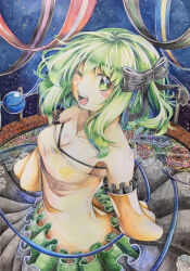 Rule 34 | 1girl, 283win, ;d, acrylic paint (medium), adapted costume, bare shoulders, black bow, bow, colored pencil (medium), commentary request, floral print, frilled skirt, frills, green eyes, green hair, green skirt, hair bow, komeiji koishi, medium hair, one eye closed, open mouth, painting (medium), rose print, shikishi, shirt, sidelocks, skirt, smile, solo, third eye, touhou, traditional media, upper body, watercolor pencil (medium), yellow shirt