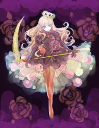 Rule 34 | 1girl, bad id, bad pixiv id, blonde hair, blue eyes, crown, dress, flower, full body, gloves, long hair, pantyhose, pink flower, pink rose, purple background, red flower, red pantyhose, red rose, rose, rose witch, scythe, see-through, shiei no sona-nyl, shoes, solo, steampunk (liarsoft), striped clothes, striped pantyhose, tokitsukaze otoha, vertical-striped clothes, vertical-striped pantyhose