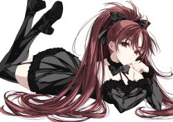 Rule 34 | bare shoulders, black bow, black dress, black necktie, black thighhighs, bow, collar, covering own mouth, detached sleeves, dress, fur-trimmed dress, fur-trimmed sleeves, fur trim, garter straps, hair bow, hand over own mouth, high heels, highres, long hair, lying, mahou shoujo madoka magica, misteor, necktie, on stomach, ponytail, red eyes, red hair, sakura kyoko, simple background, slit pupils, the pose, thighhighs, white background