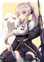Rule 34 | 1girl, :o, absurdres, anti-materiel rifle, aratake, black skirt, black thighhighs, blush, bolt action, breasts, bullpup, dinergate (girls&#039; frontline), full body, ghost, girls&#039; frontline, grey hair, gun, hair ornament, hairclip, hairpin, highres, holding, holding gun, holding weapon, iws 2000 (girls&#039; frontline), iws 2000 (the seventh sealer) (girls&#039; frontline), large breasts, long hair, long sleeves, looking at viewer, needlegun, official alternate costume, on floor, open mouth, ponytail, prototype design, purple eyes, rifle, shirt, sidelocks, simple background, skirt, sniper rifle, solo, steyr iws 2000, thighhighs, weapon, white shirt, zettai ryouiki