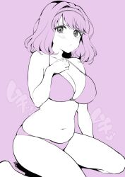 Rule 34 | 1girl, arm at side, bikini, blush, breasts, cleavage, closed mouth, collarbone, commentary request, dot nose, hair intakes, hairband, hand on own chest, idoly pride, large breasts, legs apart, long bangs, looking at viewer, medium hair, monochrome, navel, plum (arch), pout, saeki haruko (idoly pride), sidelocks, sitting, solo, stomach, swimsuit, tearing up, thick thighs, thighs