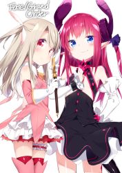 Rule 34 | 10s, 2girls, bare shoulders, black dress, blonde hair, blue eyes, blush, body blush, commentary request, copyright name, cowboy shot, detached sleeves, dragon horns, dragon tail, dress, elizabeth bathory (fate), elizabeth bathory (fate/extra ccc), elizabeth bathory (first ascension) (fate), fate/extra, fate/extra ccc, fate/grand order, fate/kaleid liner prisma illya, fate (series), flat chest, from side, gloves, hair ribbon, hand on own hip, horns, illyasviel von einzbern, kaleidostick, long hair, looking at viewer, magical girl, magical ruby, multiple girls, pointy ears, prisma illya, purple ribbon, red eyes, red hair, ribbon, tail, thigh strap, thighhighs, tousaki shiina, two side up, wand